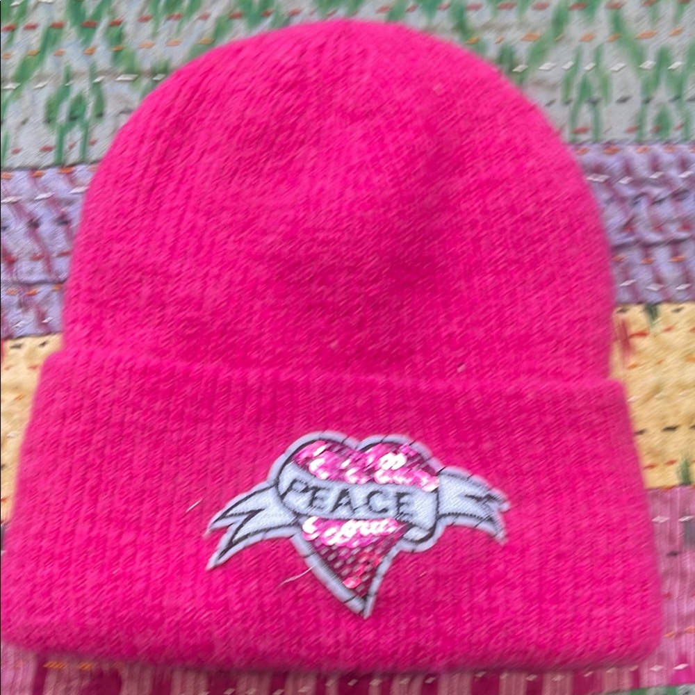 Pink Knit Beanie with Heart Peace Design